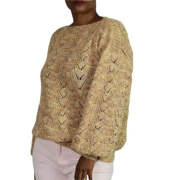 Vintage Boat Neck Sweater Balloon Sleeve Slouchy Open Knit Neutral Size Small - Picture 12 of 12